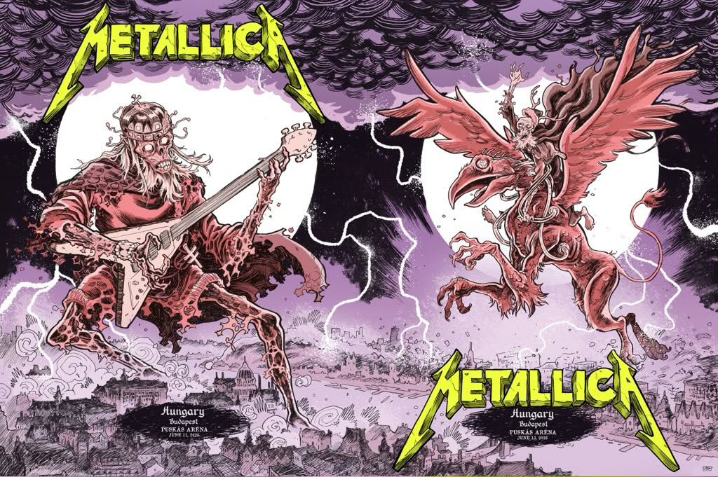 Metallica M72 Budapest 2026 Combined Venue Poster Show M72 World Tour at Puskas Arena in Budapest Hungary on June 11 And 13 2026
